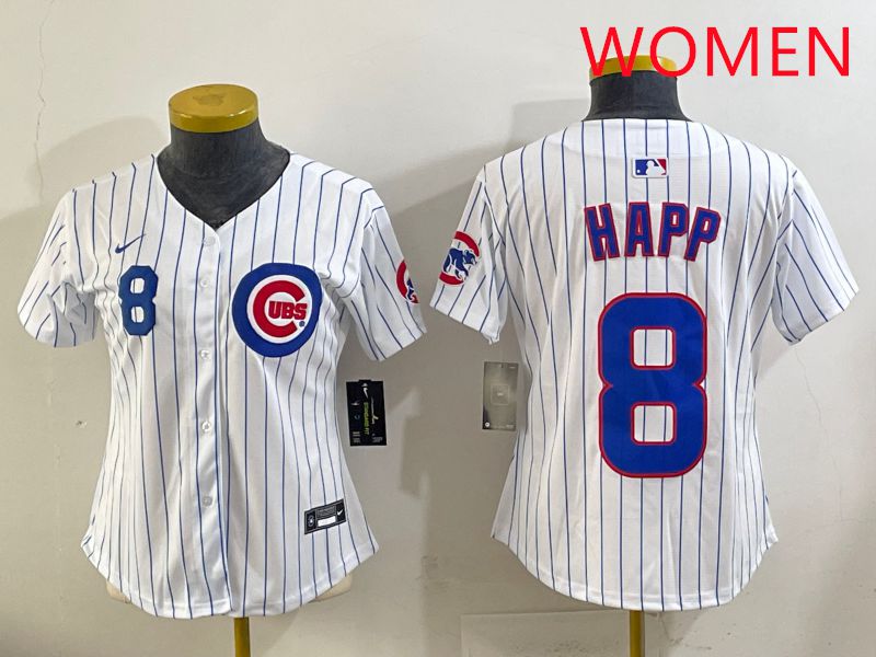 Women 2025 Chicago Cubs #8 Happ White Stripe Game Nike MLB Jersey style 4